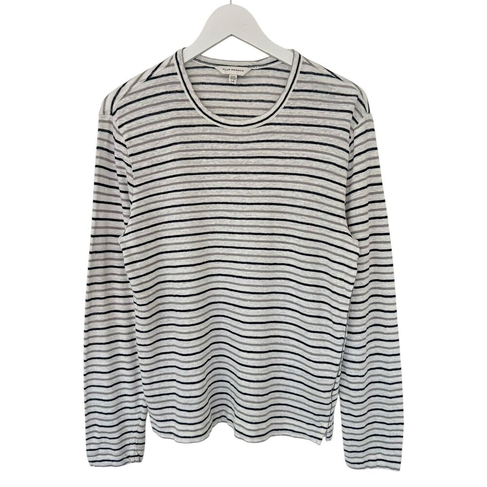 Club Monaco 100% Linen Striped Long Sleeve Tee Round Neck Stretch Thin Large EUC